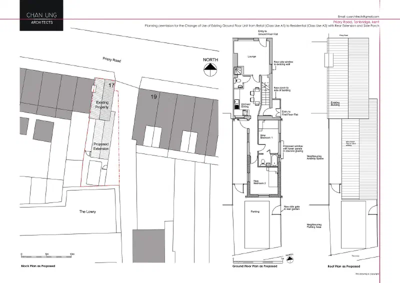 Block plan, proposed ground floor layout and roof plan.