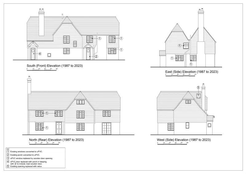 Existing elevations on all four sides, with the post-1987 alterations noted.