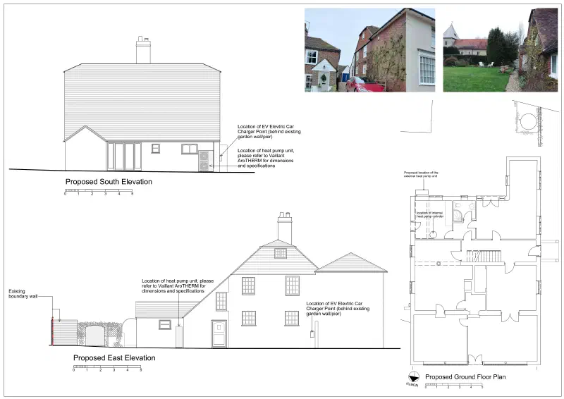Proposed elevations showing the heat pump, and the ground floor plan.