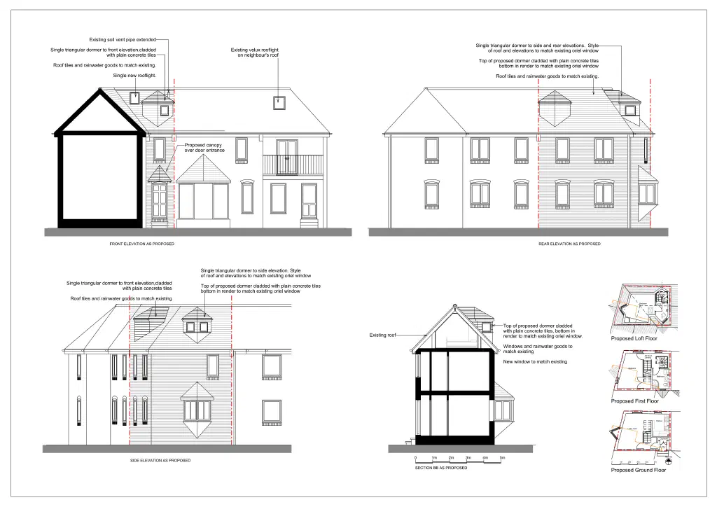 Proposed elevations and section of a loft conversion with three dormers to a house in Southwark