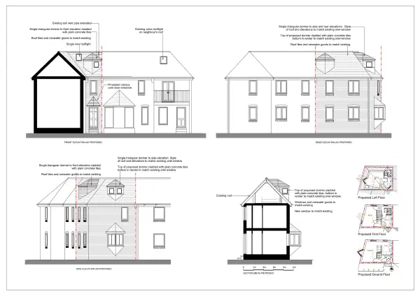 Proposed elevations and section of a loft conversion with three dormers to a house in Southwark
