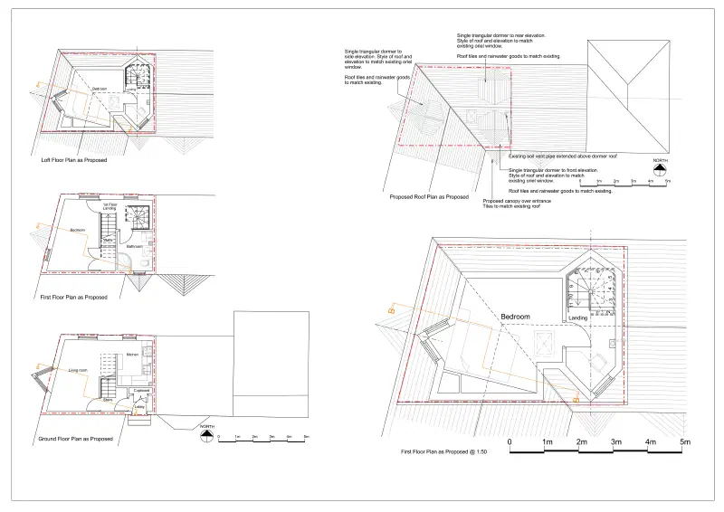 Proposed loft, first and ground floor plans and a roof plan, showing the new bedroom and landing layout, the reconfigured stair and the dormer positions.