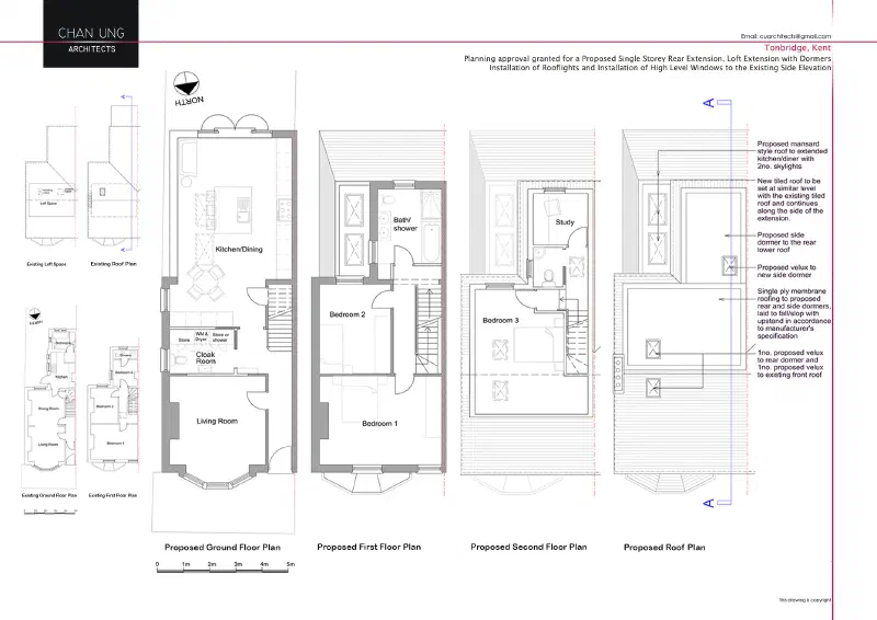 Existing and proposed floor plans.