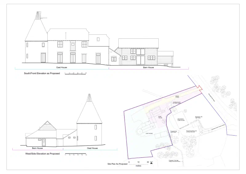 Proposed front and side elevations, and the site plan.