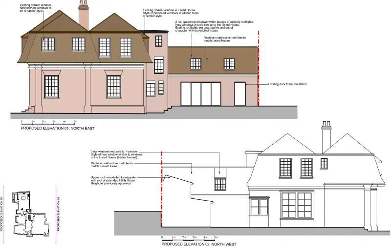 Side elevation drawings of the proposed extension to One Oak