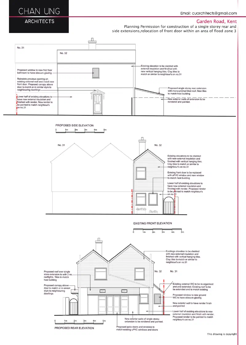 Existing and proposed elevations.