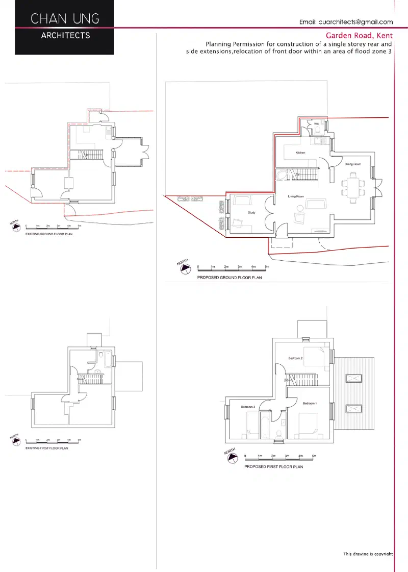 Existing and proposed ground and first floor plans.