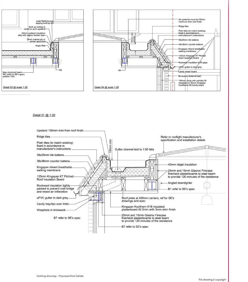 Construction sections for the extension roof, detailing the flat-roof and pitched-roof build-ups with insulation, lead flashing, tile battens, gutter and the roof lantern upstand.