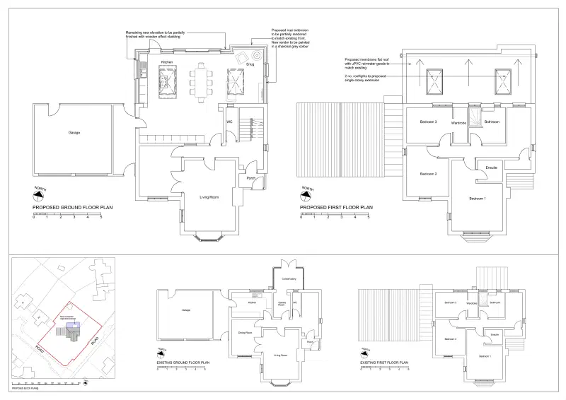 Proposed and existing ground and first floor plans.