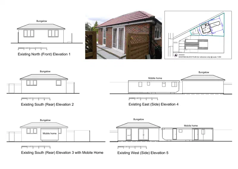 Elevations of the detached single-storey dwelling and the mobile home.