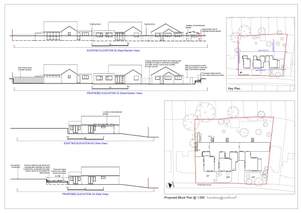 Proposed rear and side elevations across three neighbouring single-storey houses in Marlow Bottom, with the levelled garden and patio behind them.