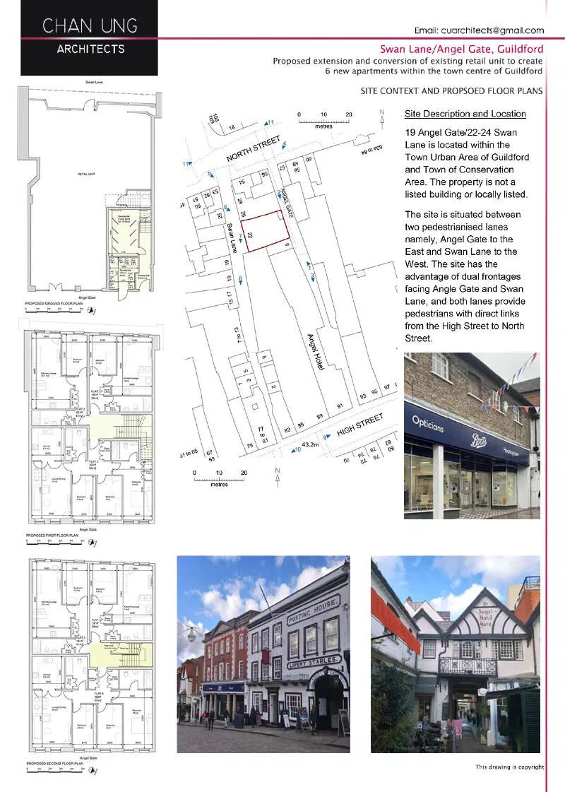Site context and the proposed ground, first and second floor plans.