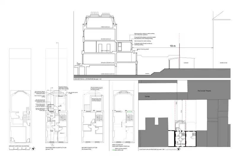 Long section and the existing and proposed floor plans.