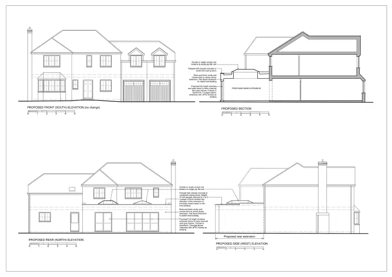 Proposed elevations and section.